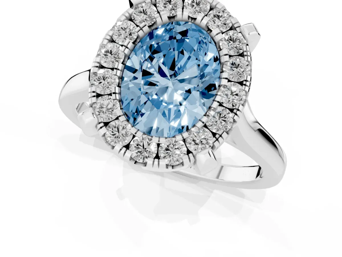Fancy Blue Oval Cut Diamond Cluster Halo Solitaire with Four-Prong Setting Silver