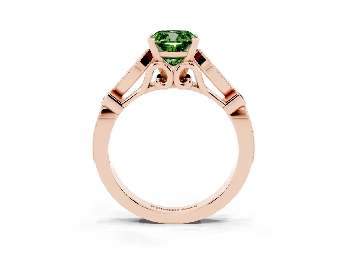 Fancy Green Cushion Cut Cut Diamond with Milgrain Marquise and Bezel Accents on a Solitaire Band with Prong Setting Rose gold