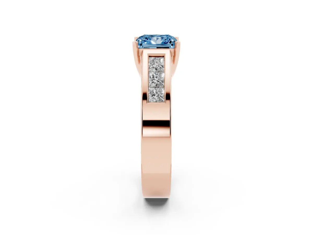 Fancy Blue Princess Cut Cut Channel Set Solitaire Ring with Four-Prong Setting Rose gold