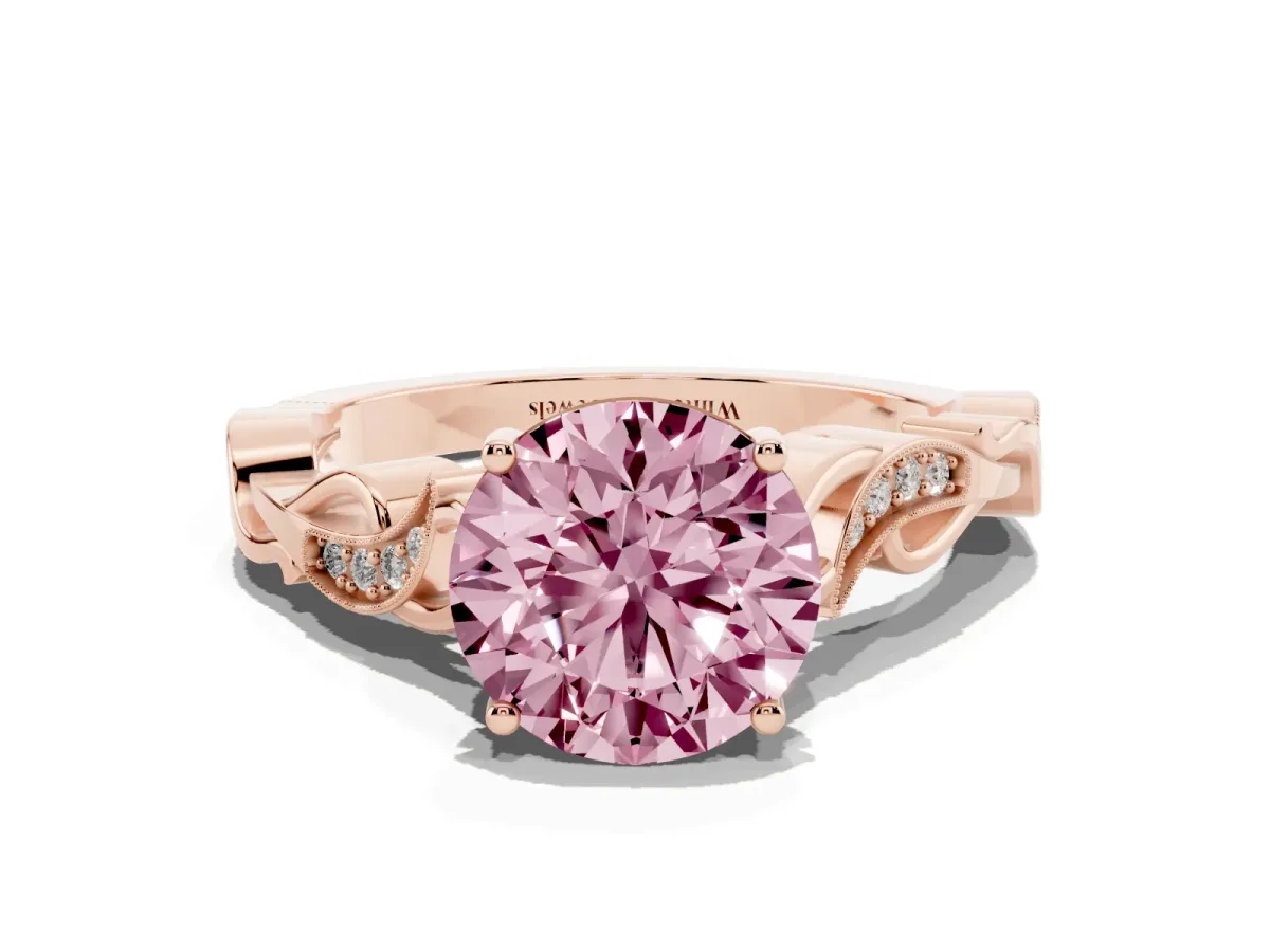 Fancy Pink Round Cut Solitaire Vine Band with Milgrain Prong Setting Rose gold