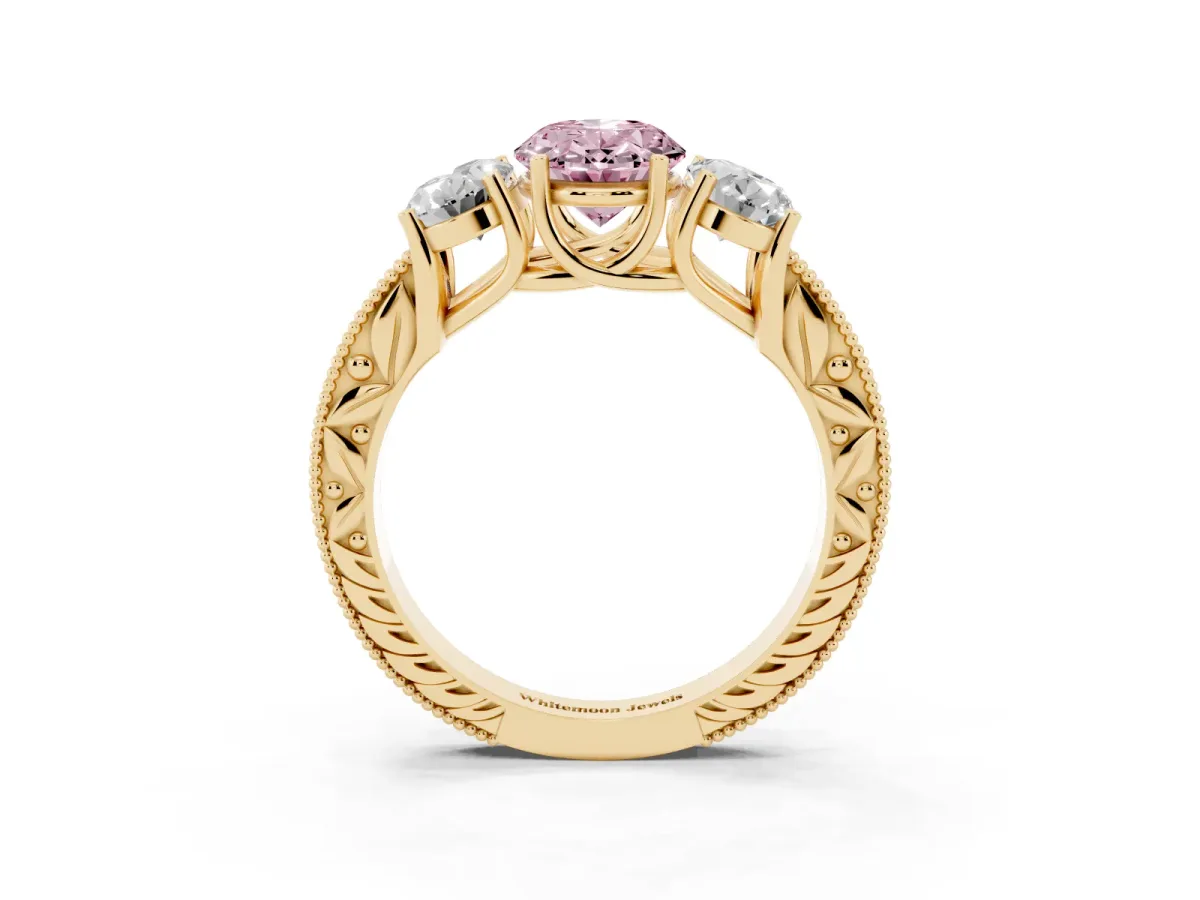 Fancy Pink Three-Stone Oval Cut Cut Milgrain Pavé Engagement Ring Yellow gold