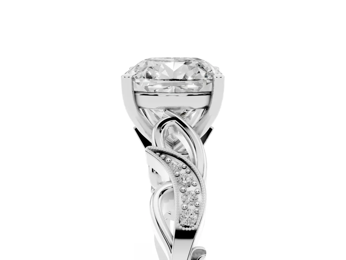 Cushion Cut Solitaire Vine Band with Milgrain Prong Setting Silver