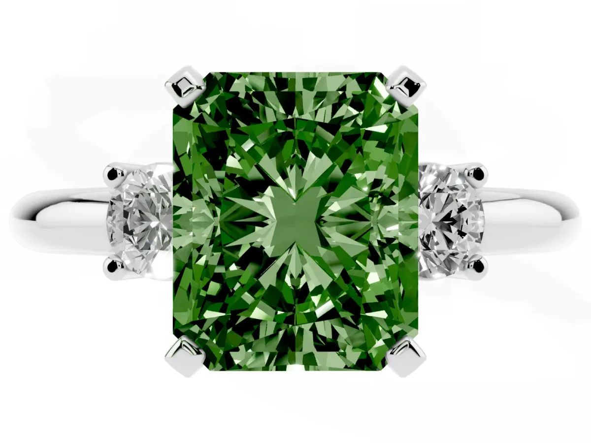 Fancy Green Three-Stone Radiant Cut Cut Diamond Solitaire with Prong Setting and Classic Band Platinum