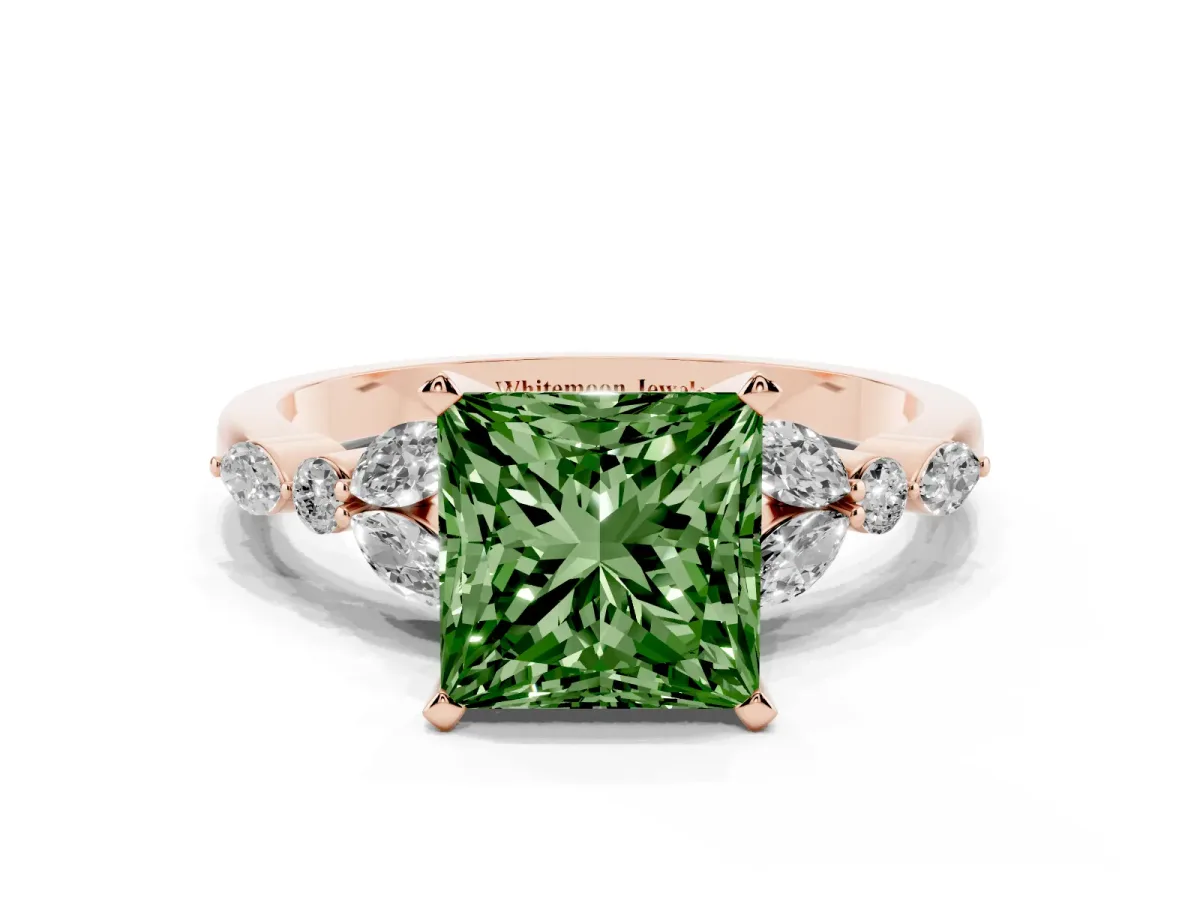 Fancy Green Princess Cut Diamond Solitaire Ring with Side Stones and Four-Prong Setting Rose gold