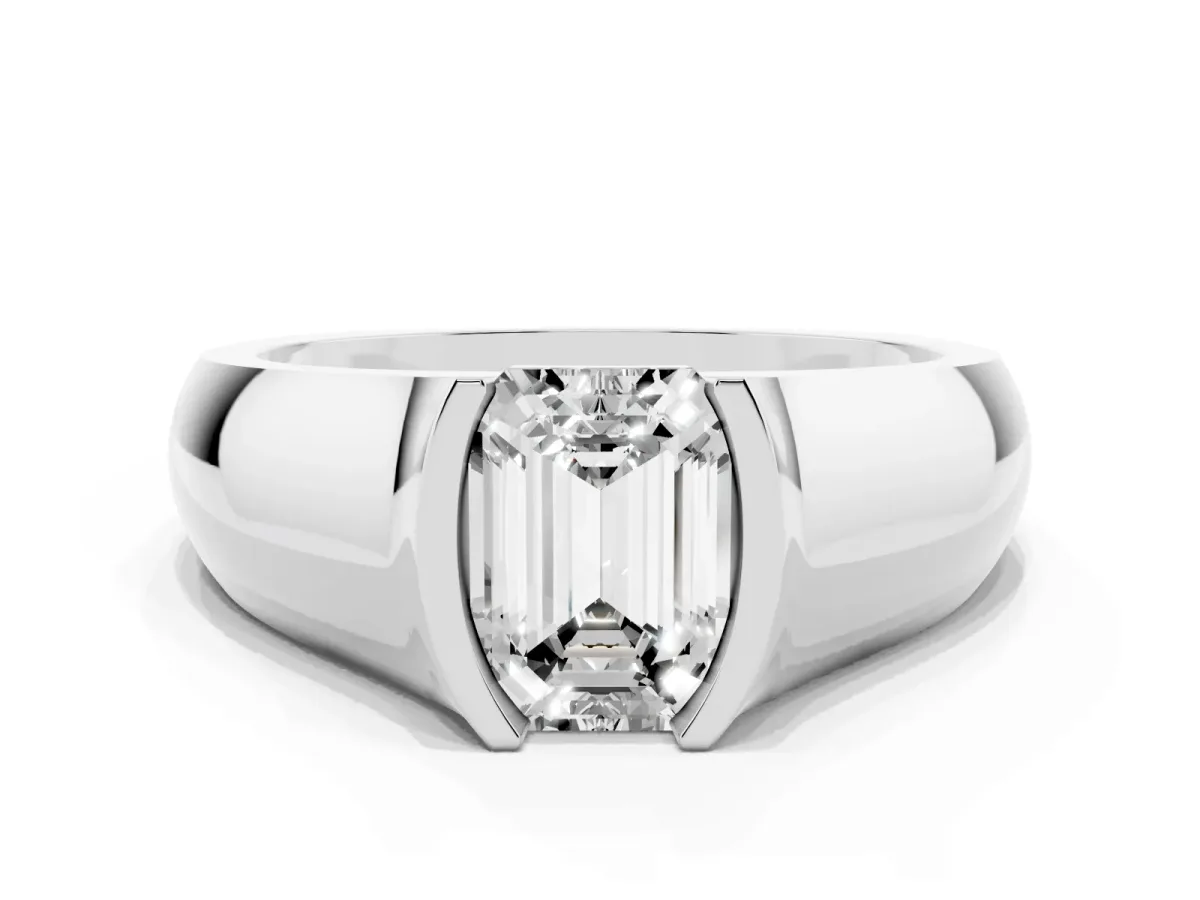 Emerald Cut Solitaire Bezel Set Diamond Ring with Wide Band Silver