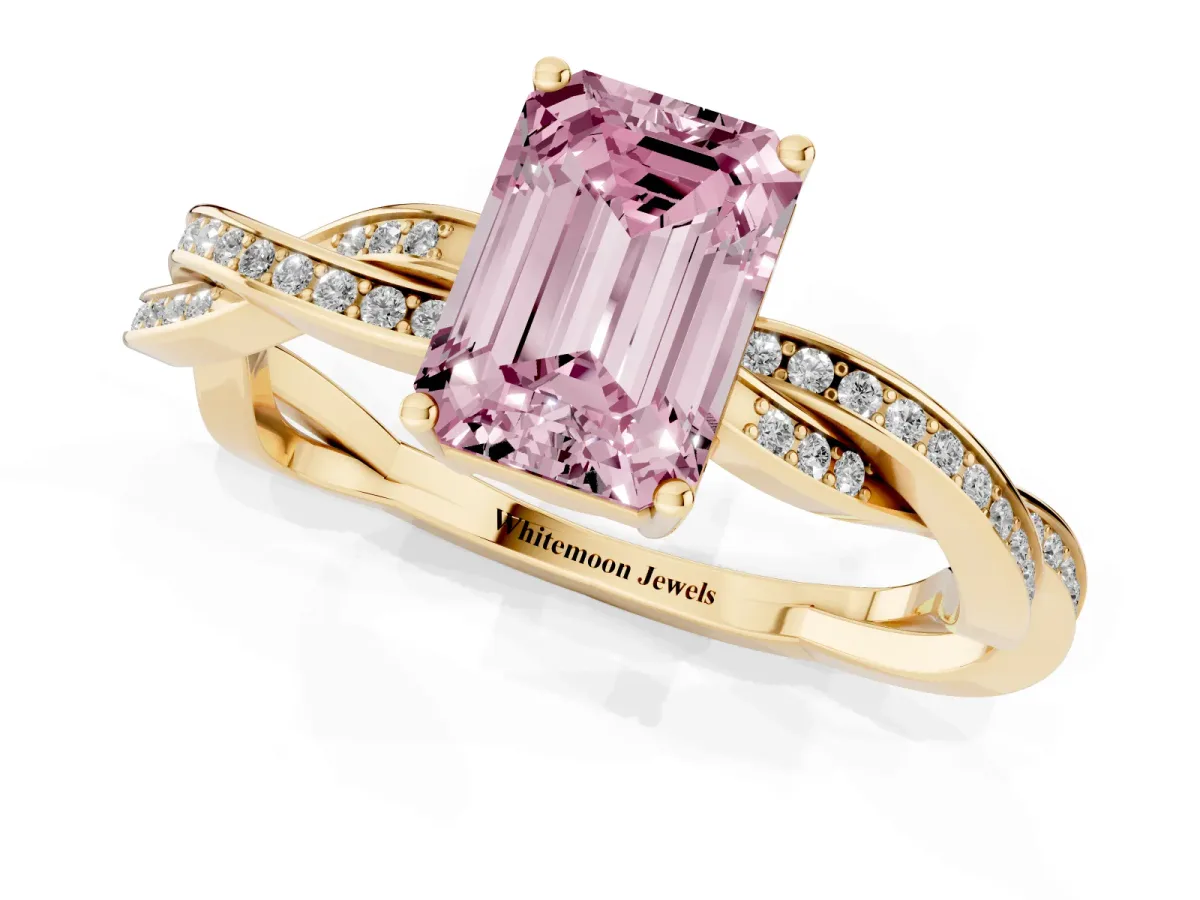 Fancy Pink Emerald Cut Solitaire Twisted Pave Diamond Ring with Four-Prong Setting Yellow gold