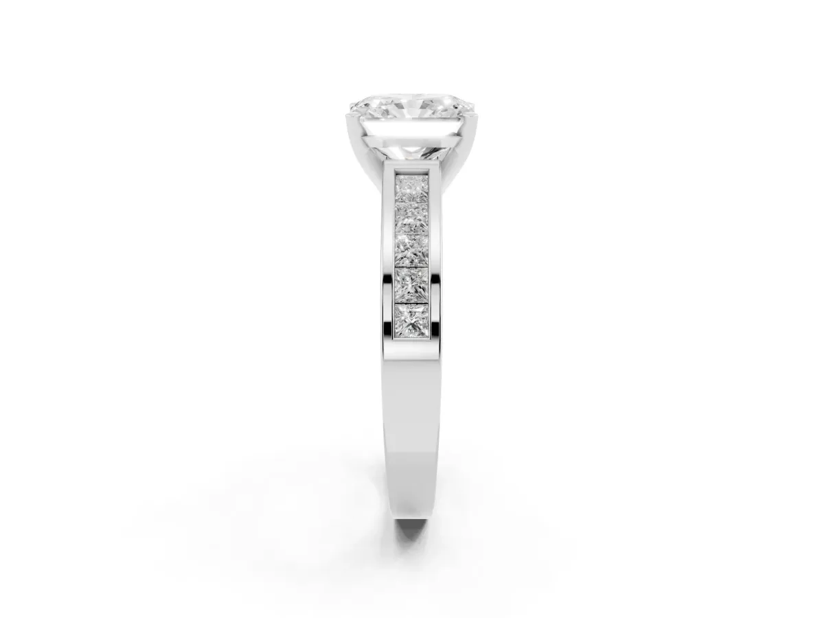 Radiant Cut Solitaire Diamond Ring with Channel-Set Band and Four-Prong Setting Platinum
