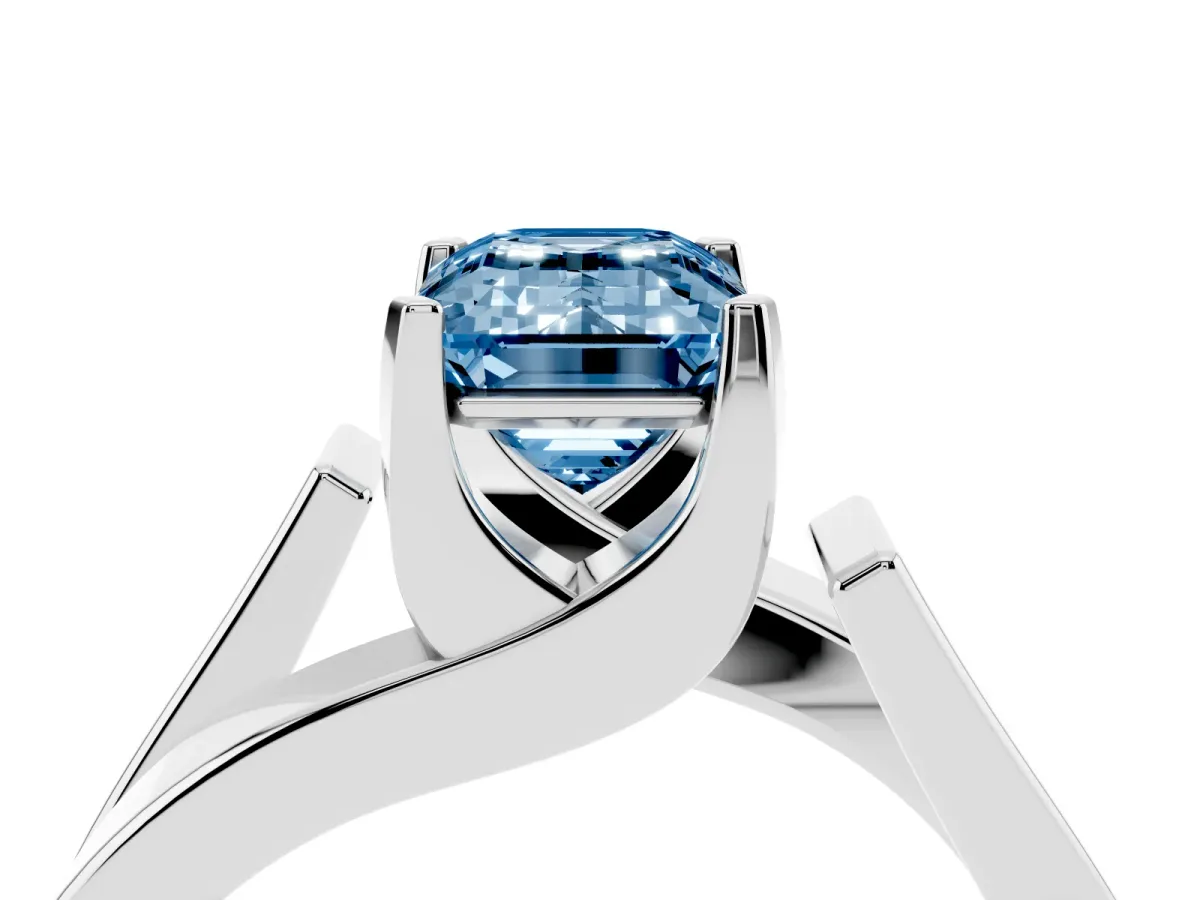 Fancy Blue Modern Tension Set Emerald Cut Diamond Solitaire Wide Band Ring Silver