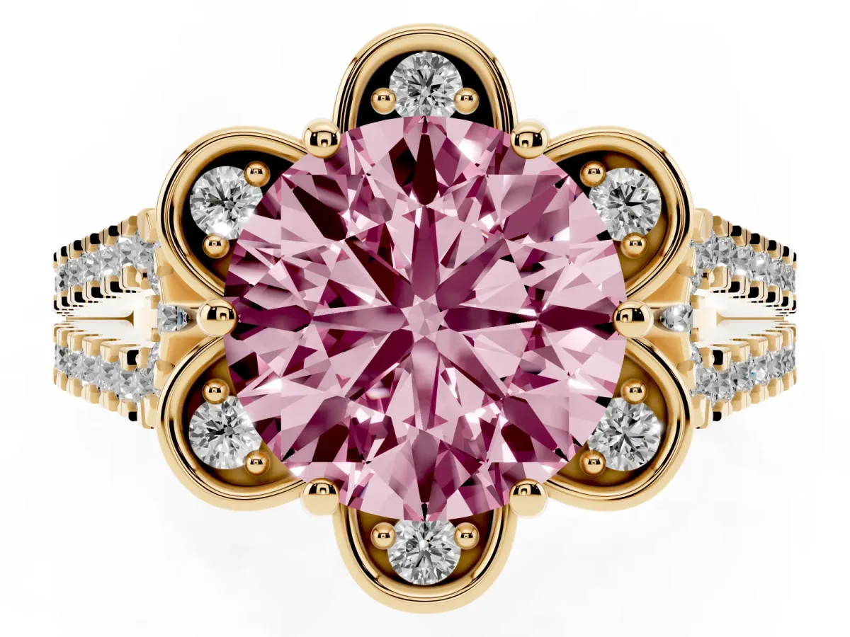 Fancy Pink Round Cut Halo Diamond Floral Split Shank Engagement Ring Yellow gold