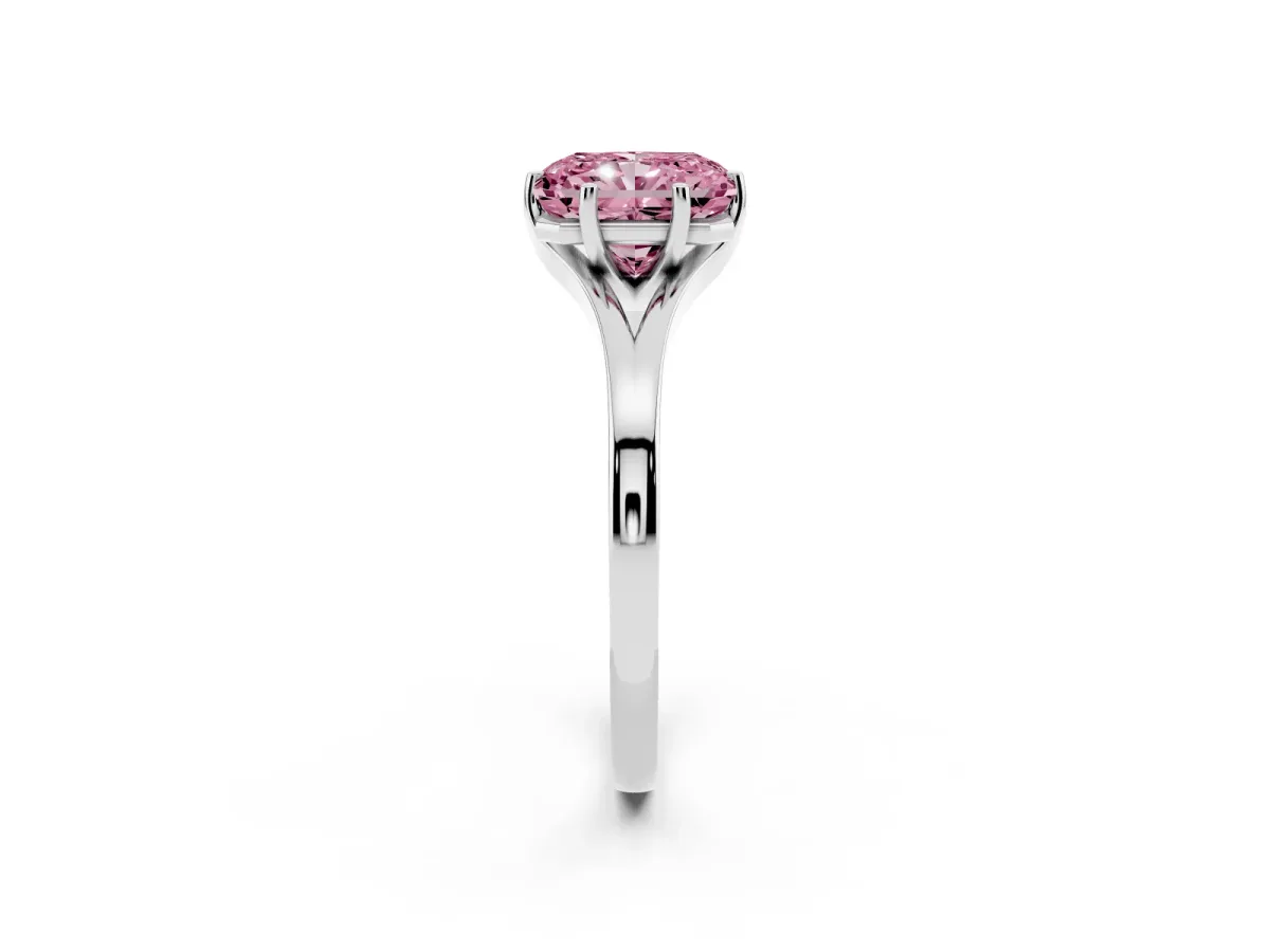 Fancy Pink Radiant Cut Solitaire Diamond Ring with Six-Prong Setting and Tapered Band Platinum