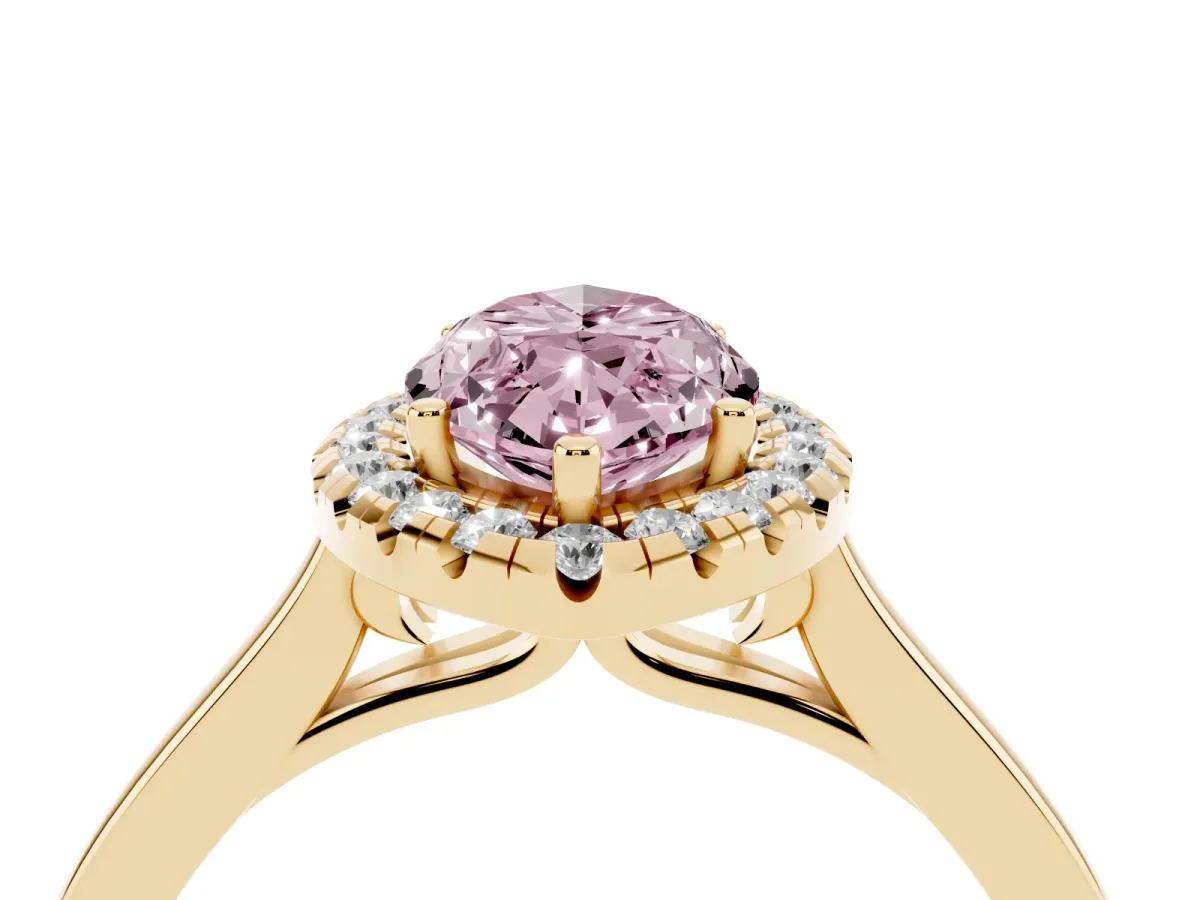 Fancy Pink Marquise Cut Halo Round Diamond Solitaire Ring with Pavé Band and Four-Prong Setting Yellow gold