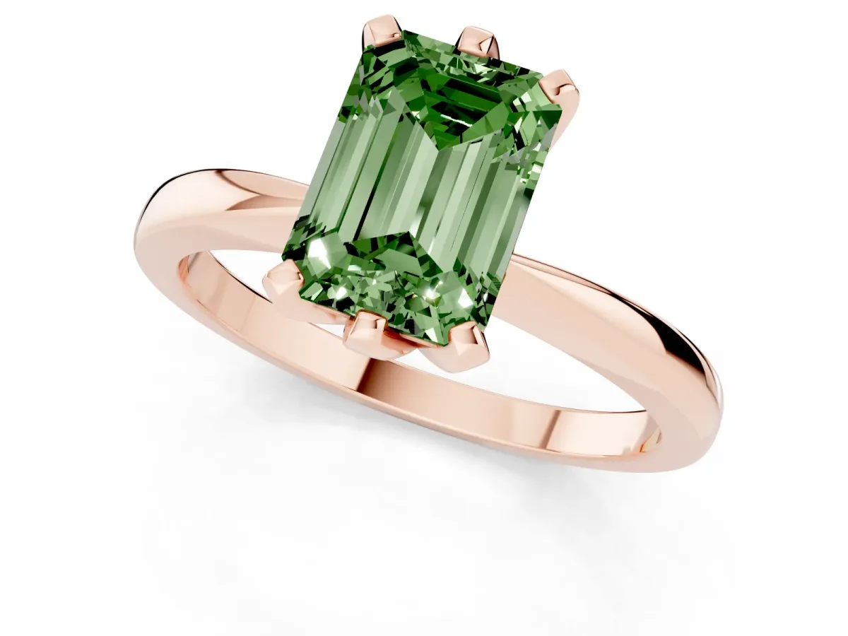 Fancy Green Emerald Cut Solitaire Engagement Ring with Six-Prong Setting and Tapered Band Rose gold