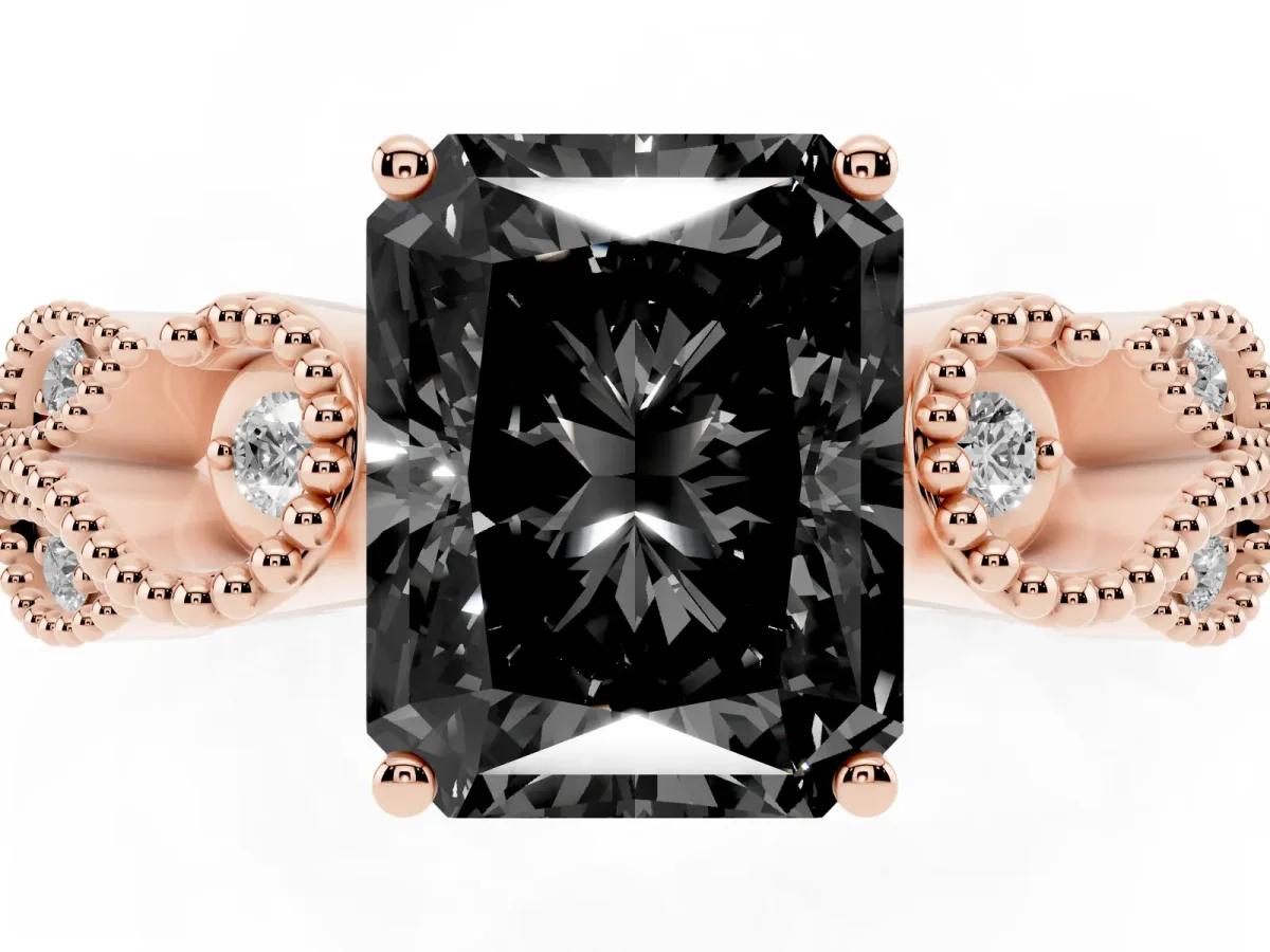 Fancy Black Radiant Cut Solitaire Milgrain Leaf Band with Prong Setting Rose gold