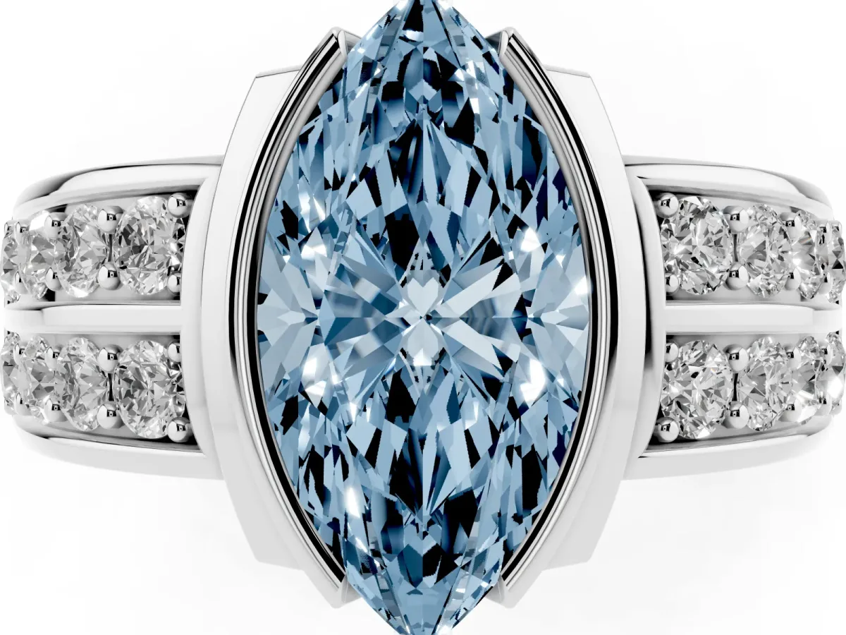 Fancy Blue Marquise Cut Brilliant Diamond Channel Set Wide Band Ring with Bezel Setting Platinum