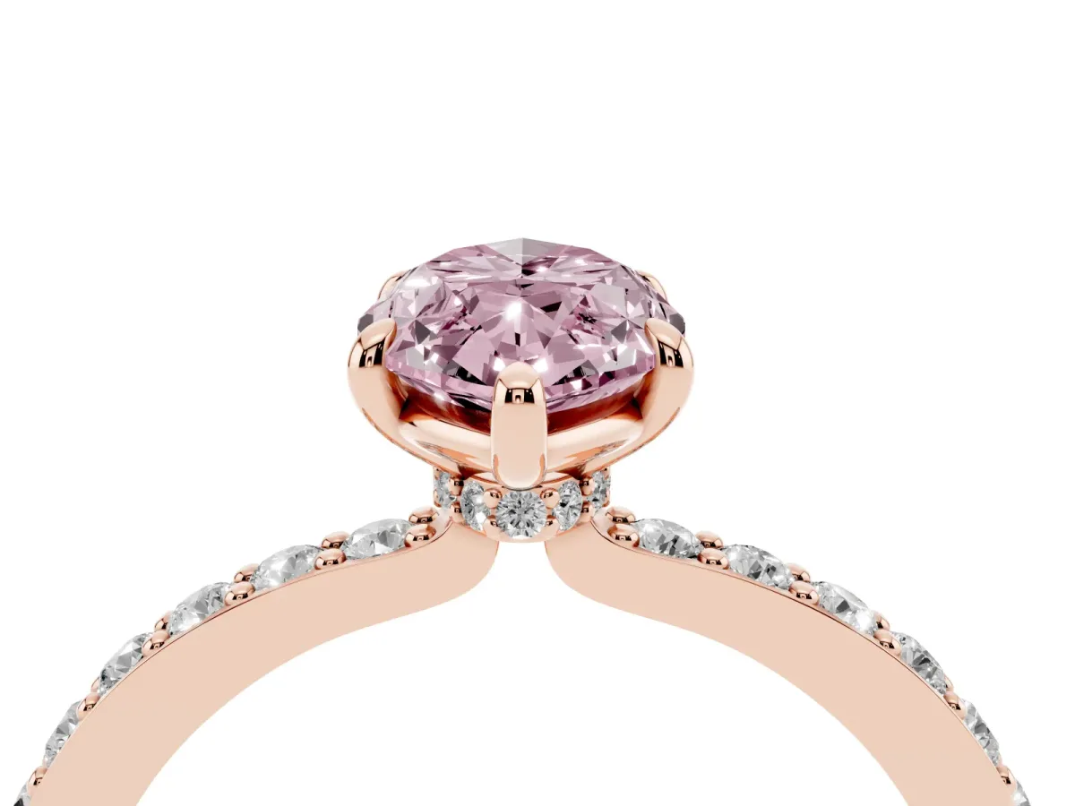 Fancy Pink Marquise Cut Diamond Pavé Engagement Ring with Round Accents and Prong Setting Rose gold