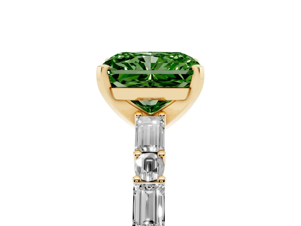 Fancy Green Radiant Cut Diamond Solitaire with Side Baguettes and Channel Set Band Yellow gold