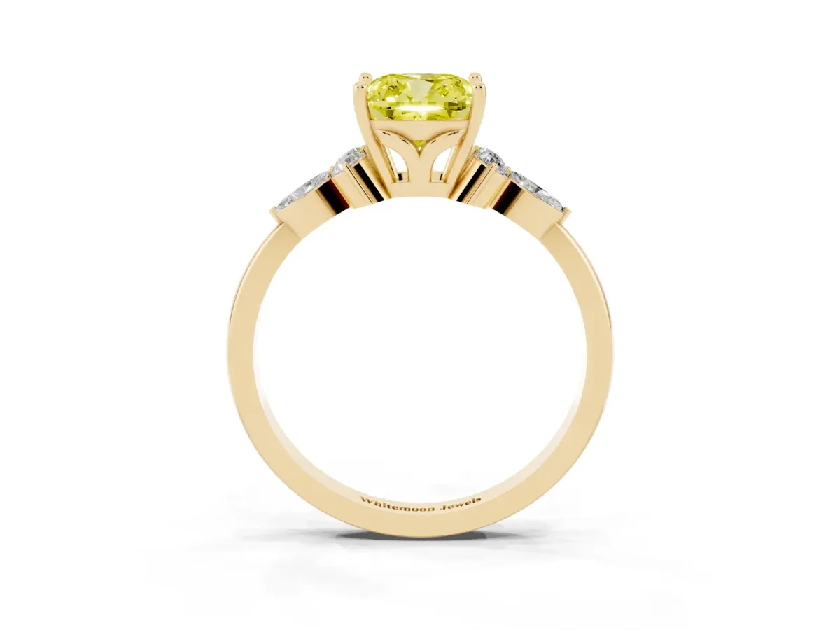 Fancy Yellow Cushion Cut Brilliant Diamond Solitaire Ring with Pear Side Stones and Four-Prong Setting Yellow gold