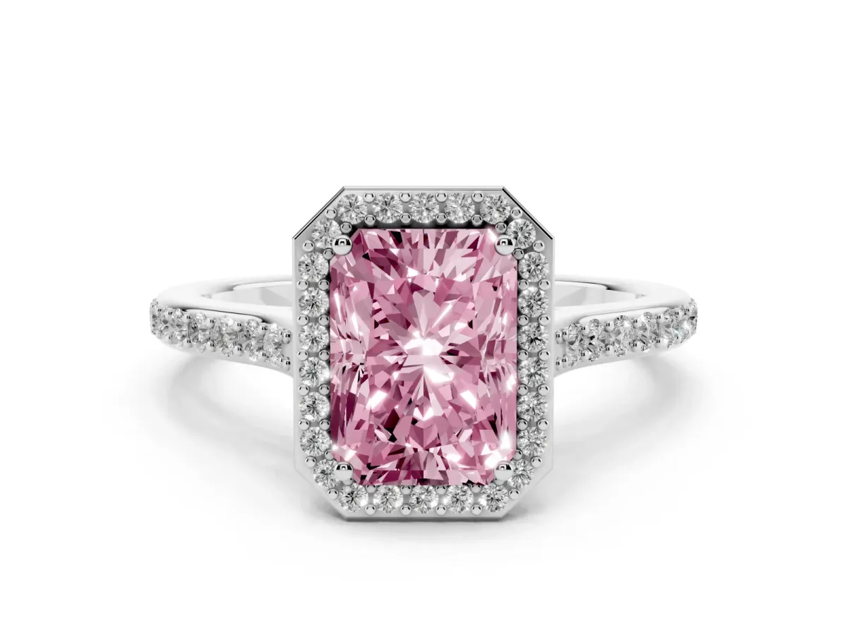 Fancy Pink Radiant Cut Diamond Halo Engagement Ring with Round Pavé Shoulders and Prong Setting Platinum