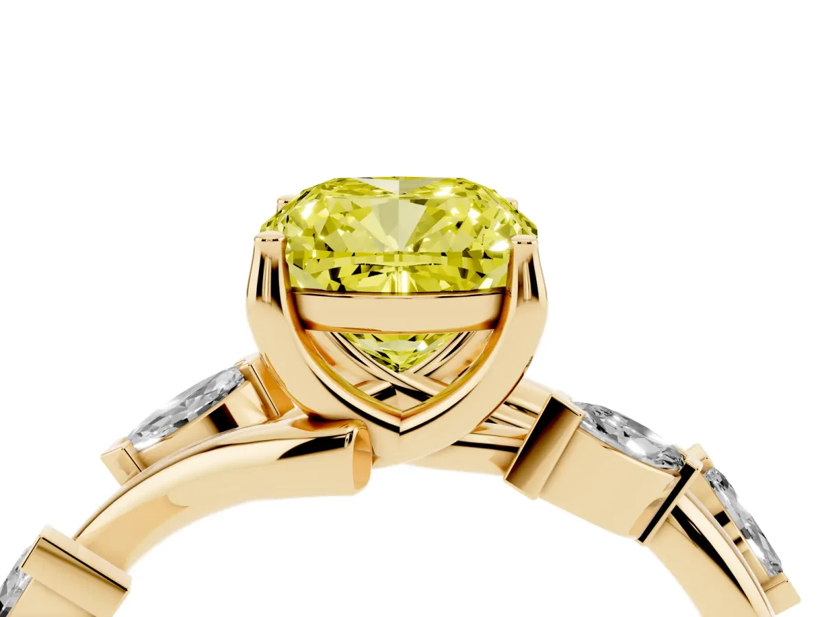 Fancy Yellow Cushion Cut Solitaire Twisted Band Marquise Accent Prong Setting Ring Yellow gold