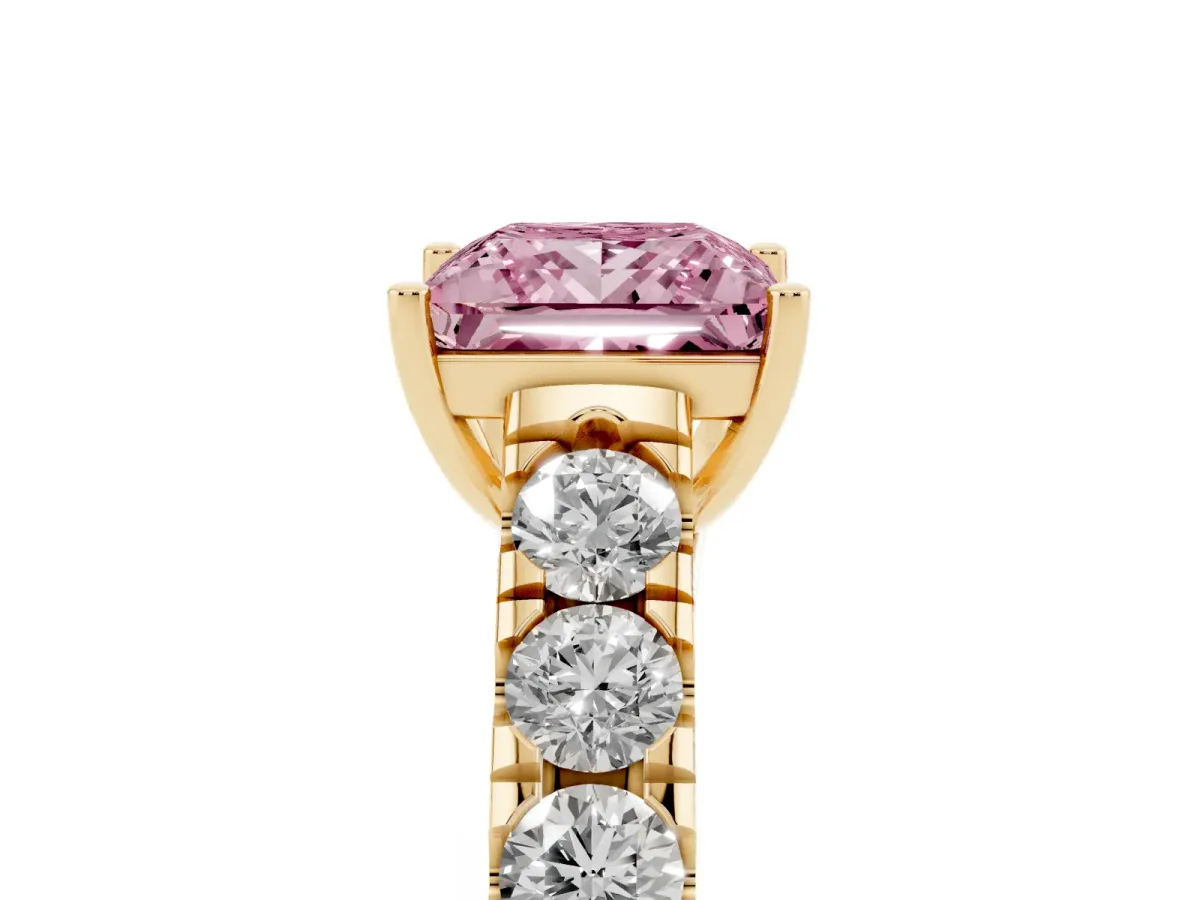 Fancy Pink Princess Cut Cut Diamond Solitaire Ring with Micro Pave Band and Prong Setting Yellow gold