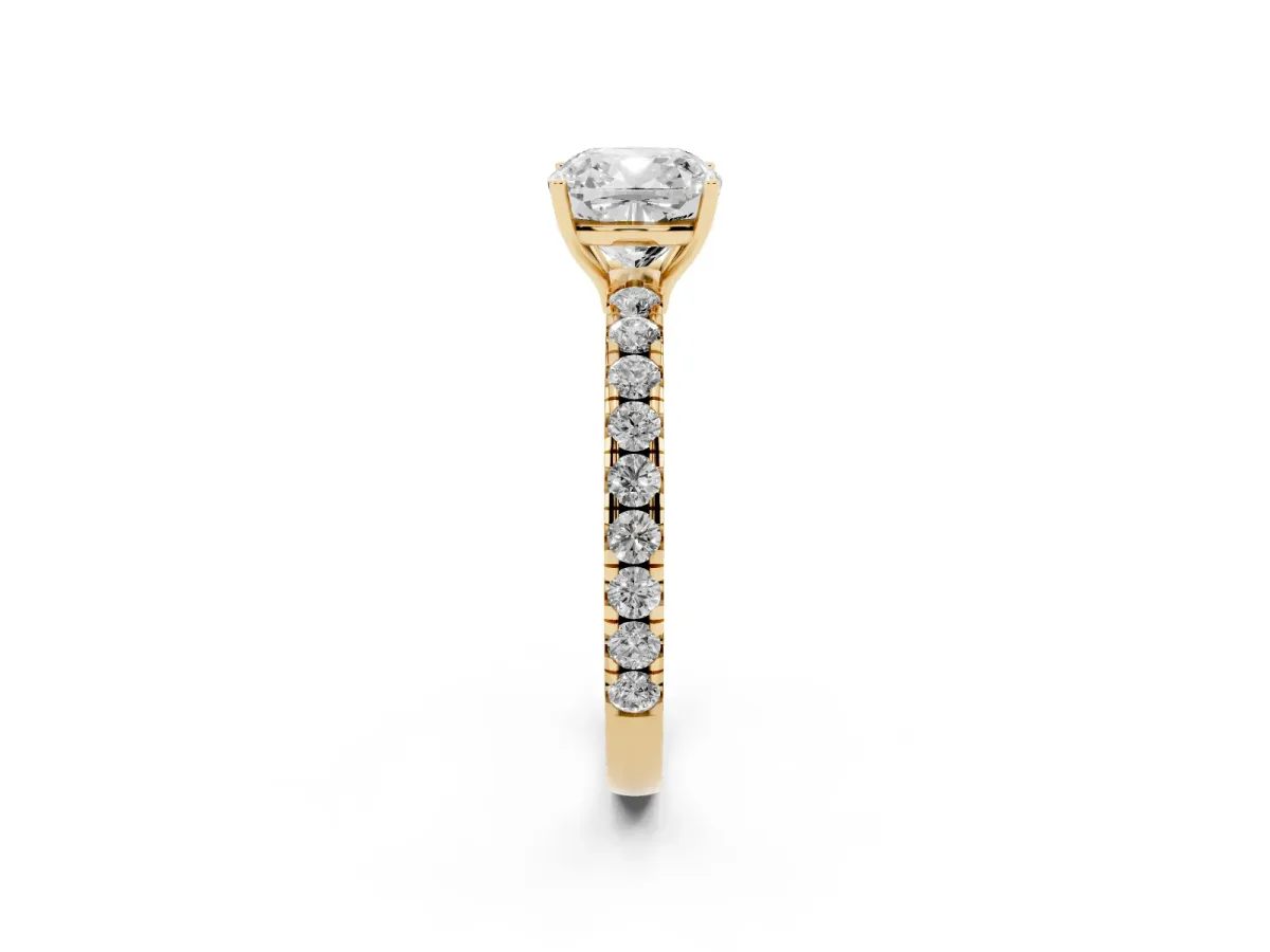 Cushion Cut Diamond Pavé Solitaire Engagement Ring with Four-Prong Setting Yellow gold