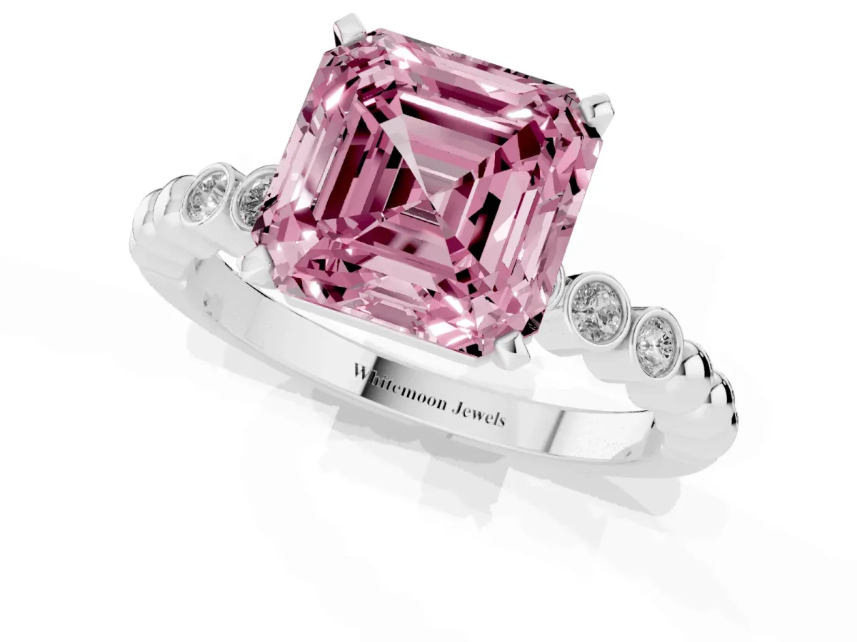 Fancy Pink Asscher Cut Solitaire Bezel Accent Diamond Engagement Ring with Beaded Band and Four-Prong Setting White gold
