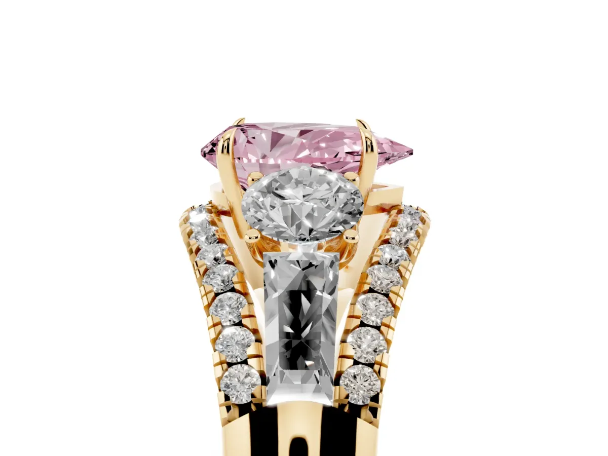 Fancy Pink Three-Stone Pear Cut Diamond Engagement Ring with Pave Band and Prong Setting Yellow gold