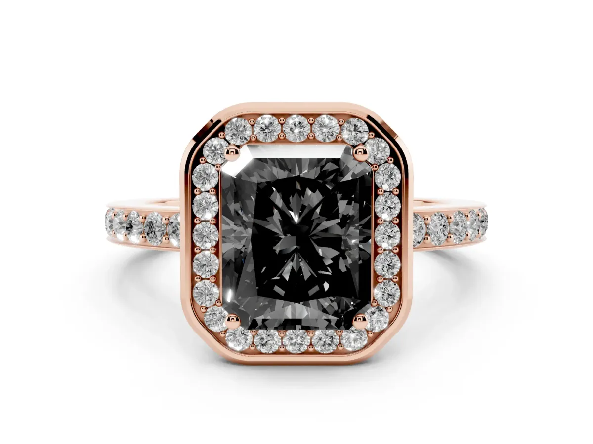 Fancy Black Radiant Cut Diamond Halo Ring with Bezel Frame and Pavé Band Rose gold