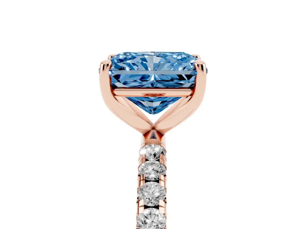 Fancy Blue Radiant Cut Cut Diamond Solitaire Ring with Micro Pave Band and Four Prong Setting Rose gold