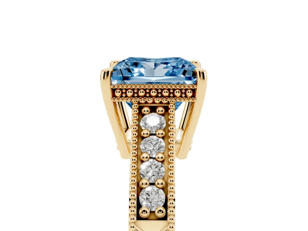 Fancy Blue Princess Cut Solitaire Pavé Diamond Milgrain Engagement Ring with Four-Prong Setting Yellow gold
