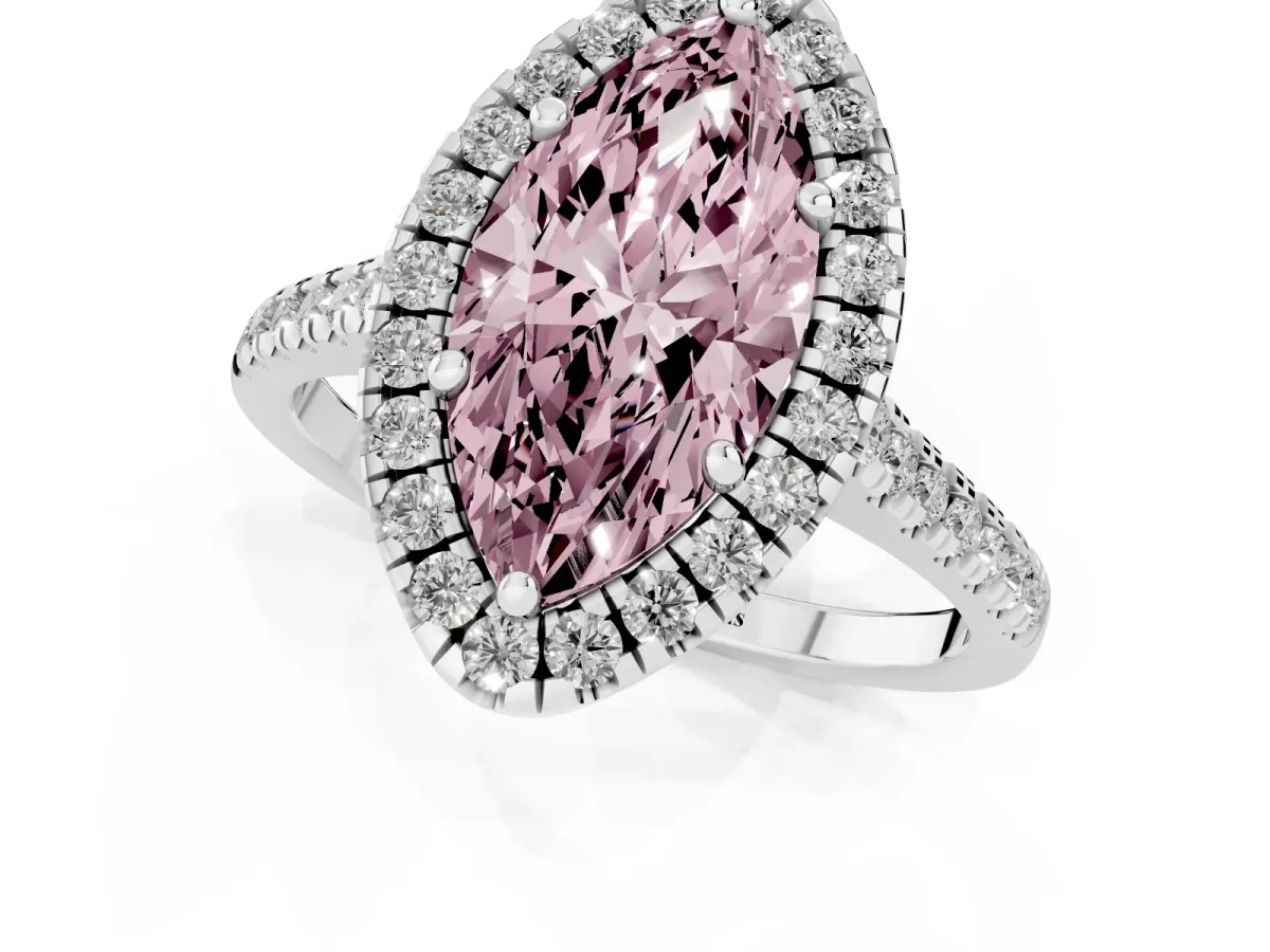 Fancy Pink Marquise Cut Diamond Cushion Halo Ring with Pavé Band White gold