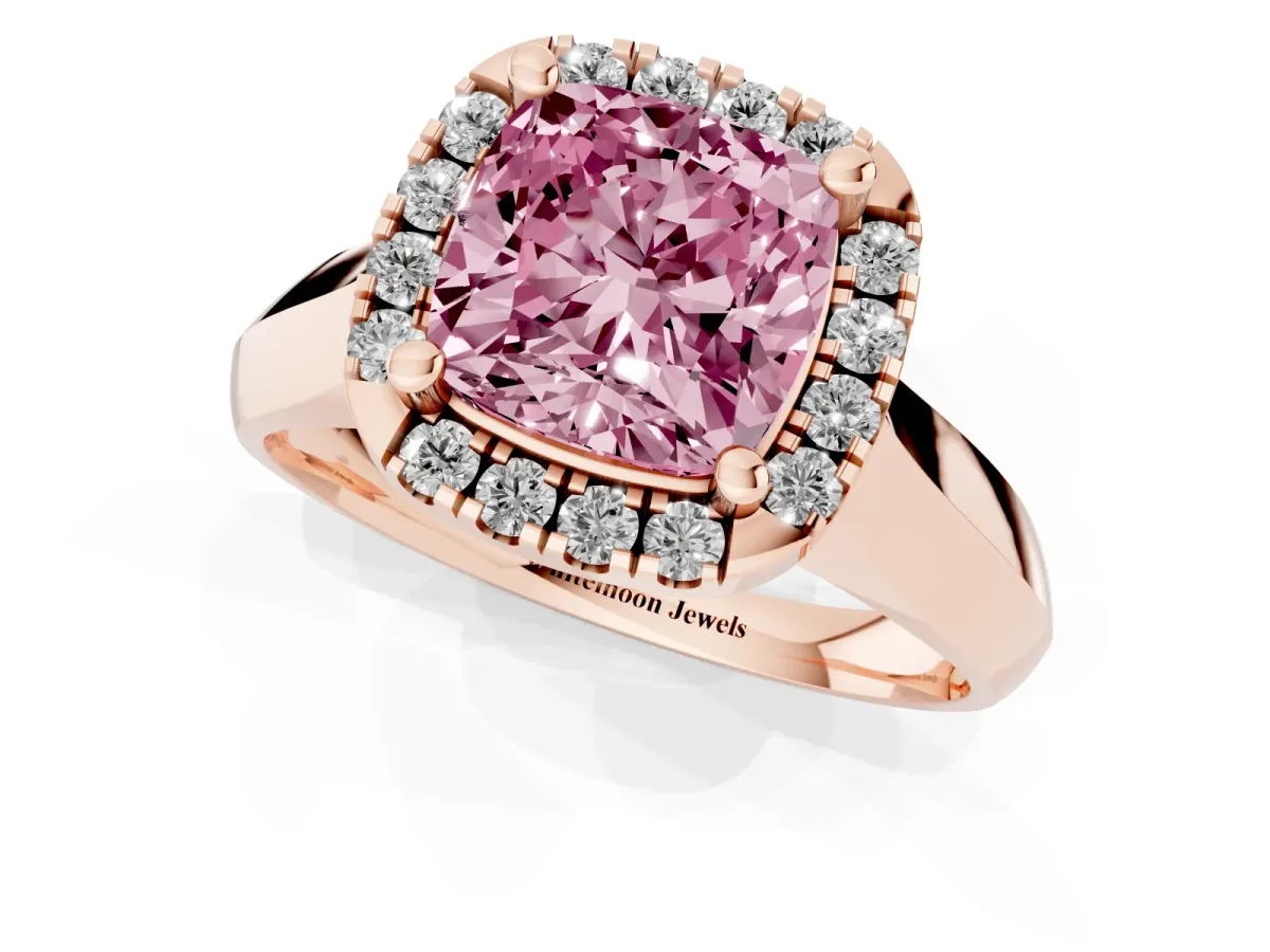 Fancy Pink Cushion Cut Cut Halo Solitaire Engagement Ring with Square Band and Four-Prong Setting Rose gold