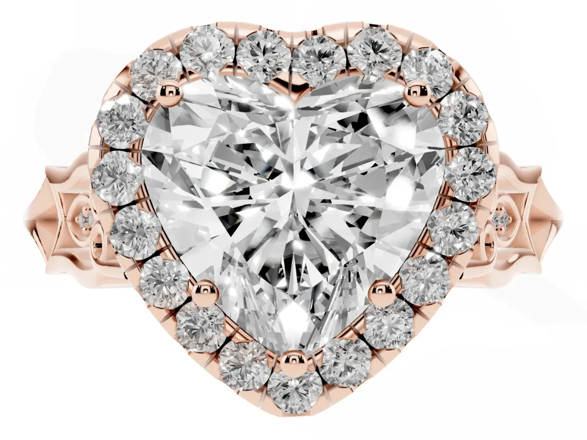 Heart Cut Halo Diamond Engagement Ring with Filigree Band and Four-Prong Setting Rose gold
