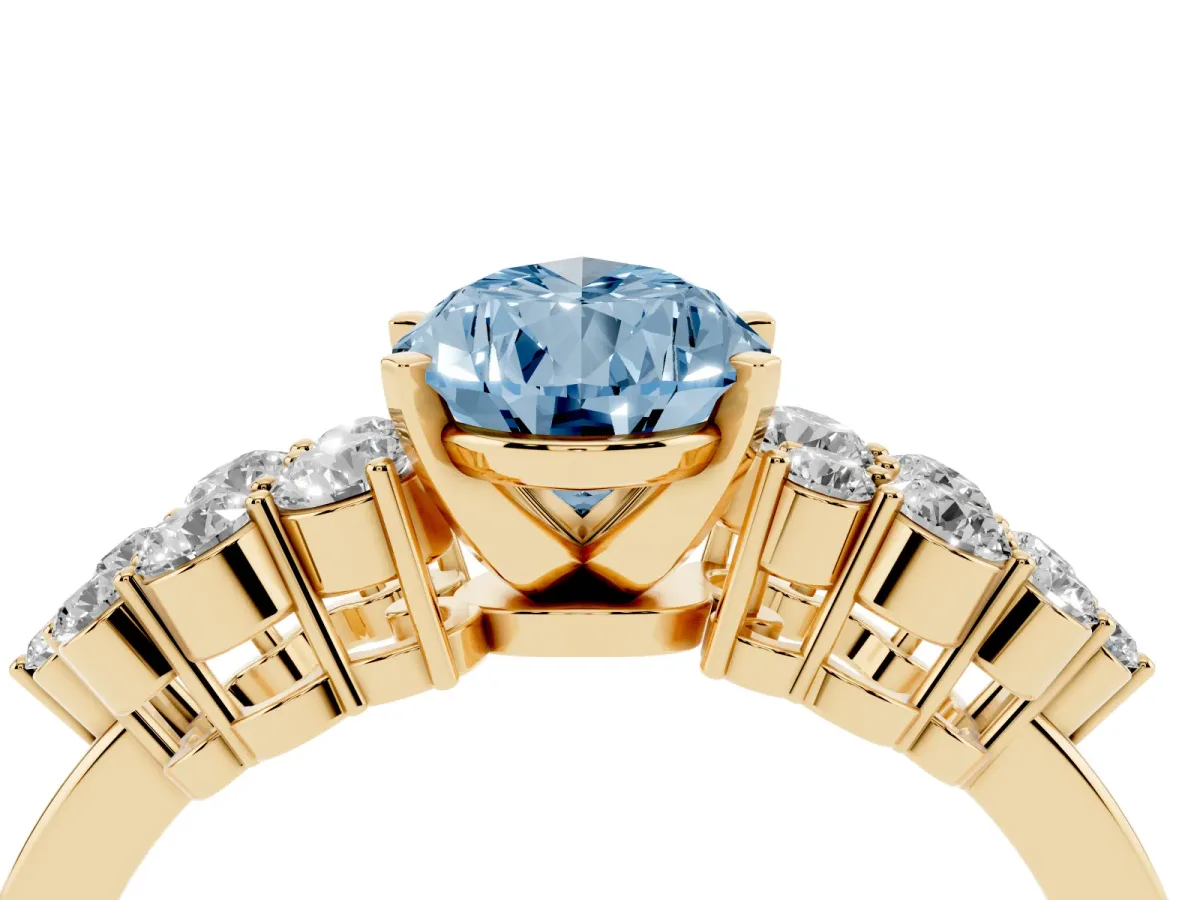Fancy Blue Pear Cut Cluster Diamond Engagement Ring with Pavé Band and Four-Prong Setting Yellow gold