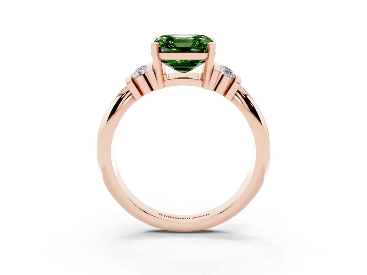 Fancy Green Asscher Cut Cut Three-Stone Channel Set Ring with Bar Prongs Rose gold