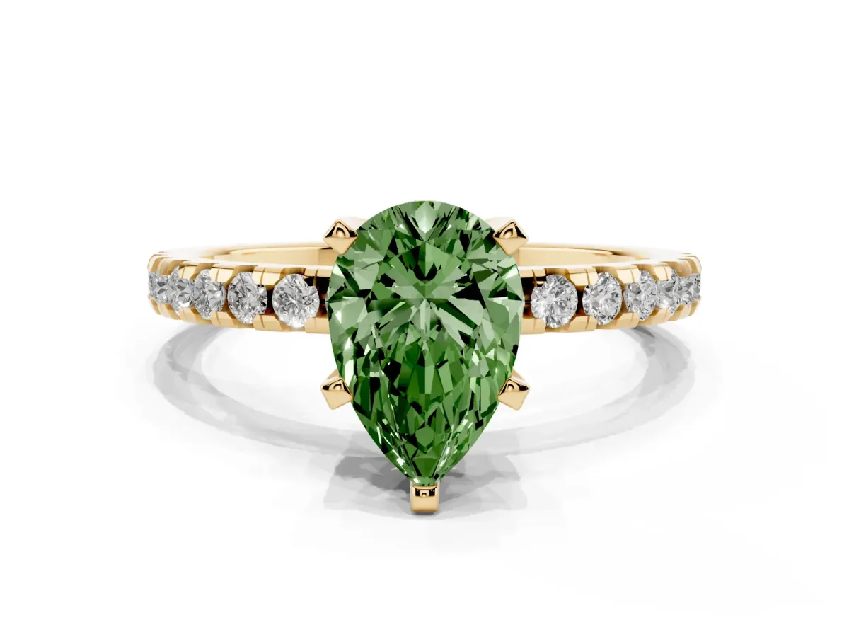 Fancy Green Pear Cut Diamond Solitaire Ring with Round Pavé Band and Four-Prong Setting Yellow gold