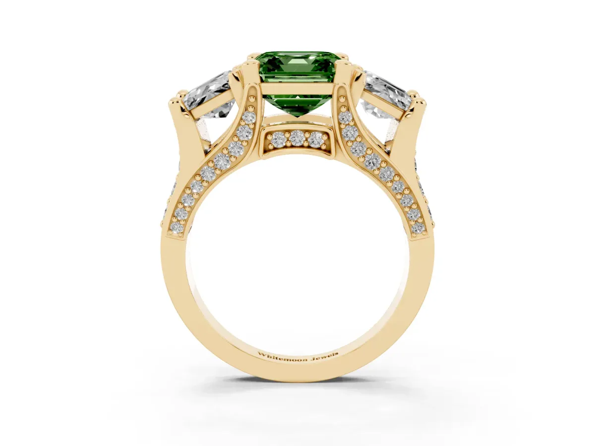 Fancy Green Asscher Cut Diamond Three-Stone Ring with Channel Set Band and Four-Prong Setting Yellow gold