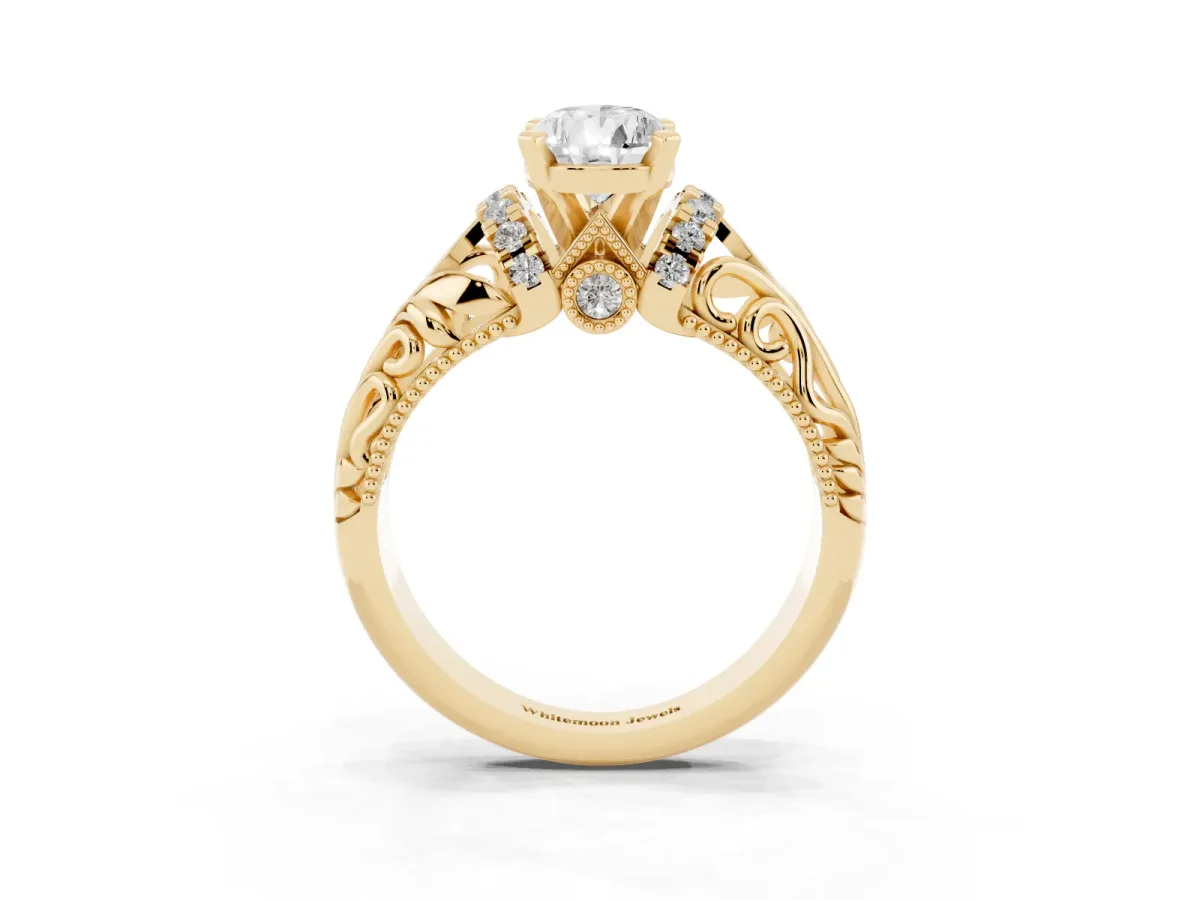 Pear Cut Solitaire Filigree Engagement Ring with Halo and Prong Setting Yellow gold