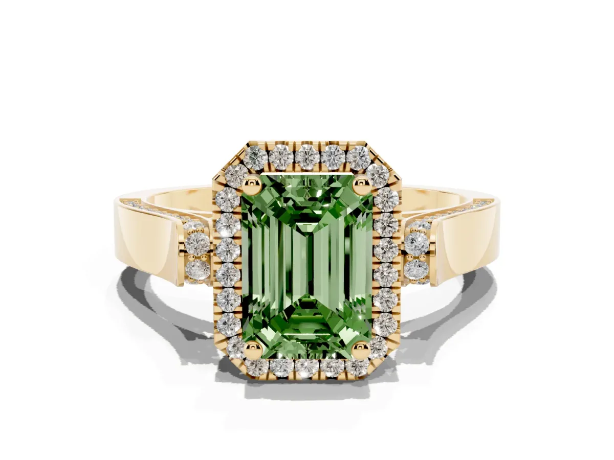 Fancy Green Emerald Cut Halo Round Diamond Twist Band with Four-Prong Setting Yellow gold