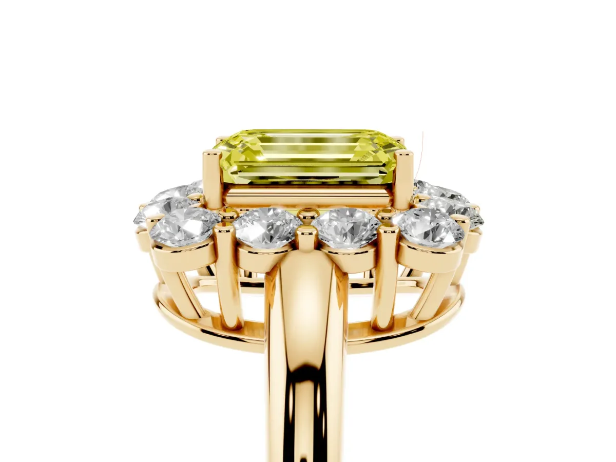 Fancy Yellow Emerald Cut Halo Cluster Diamond Engagement Ring with Prong Setting and Polished Band Yellow gold