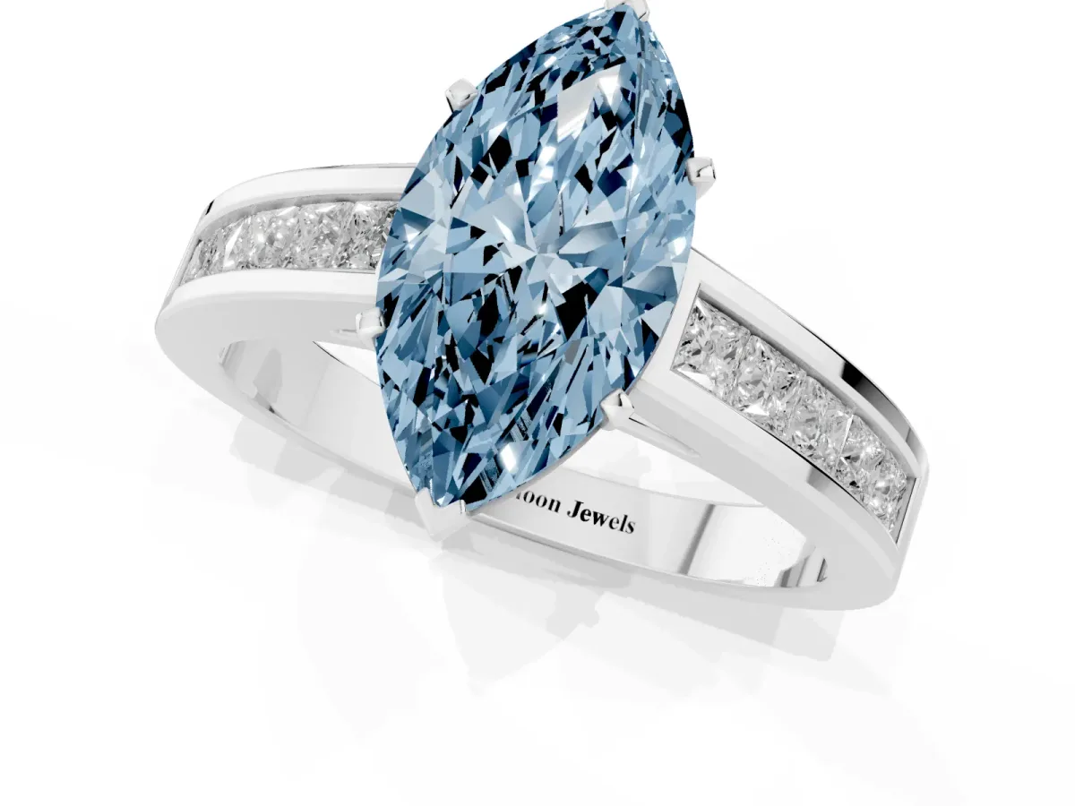 Fancy Blue Marquise Cut Solitaire Diamond Ring with Channel-Set Band and Four-Prong Setting Silver