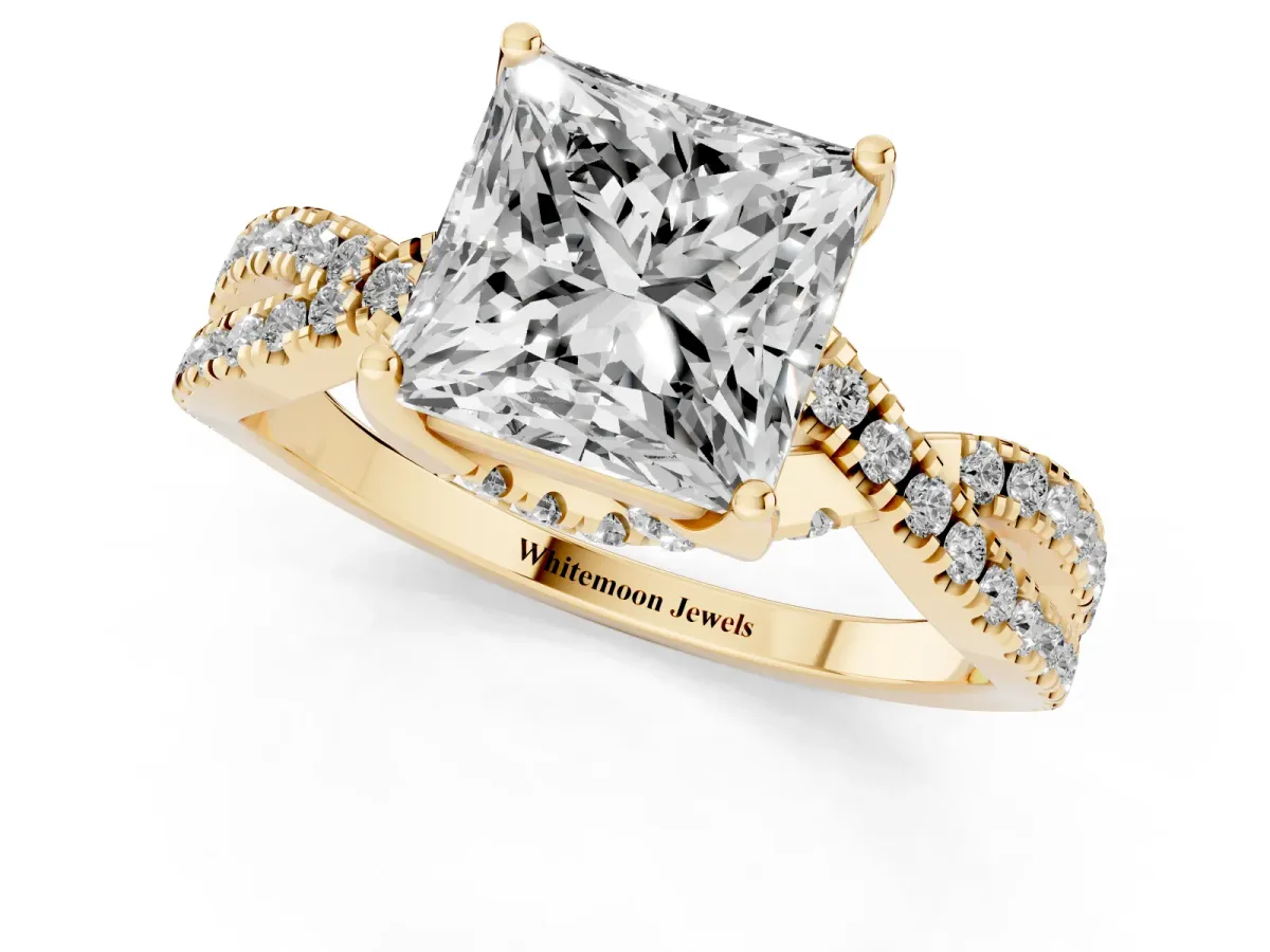 Princess Cut Solitaire Twist Pave Diamond Engagement Ring with Prong Setting Yellow gold
