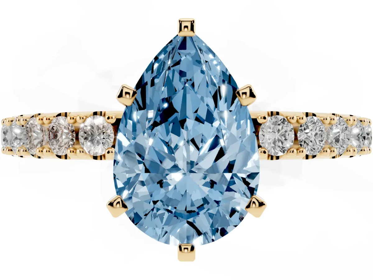 Fancy Blue Pear Cut Diamond Solitaire Pavé Band with Four-Prong Setting Yellow gold