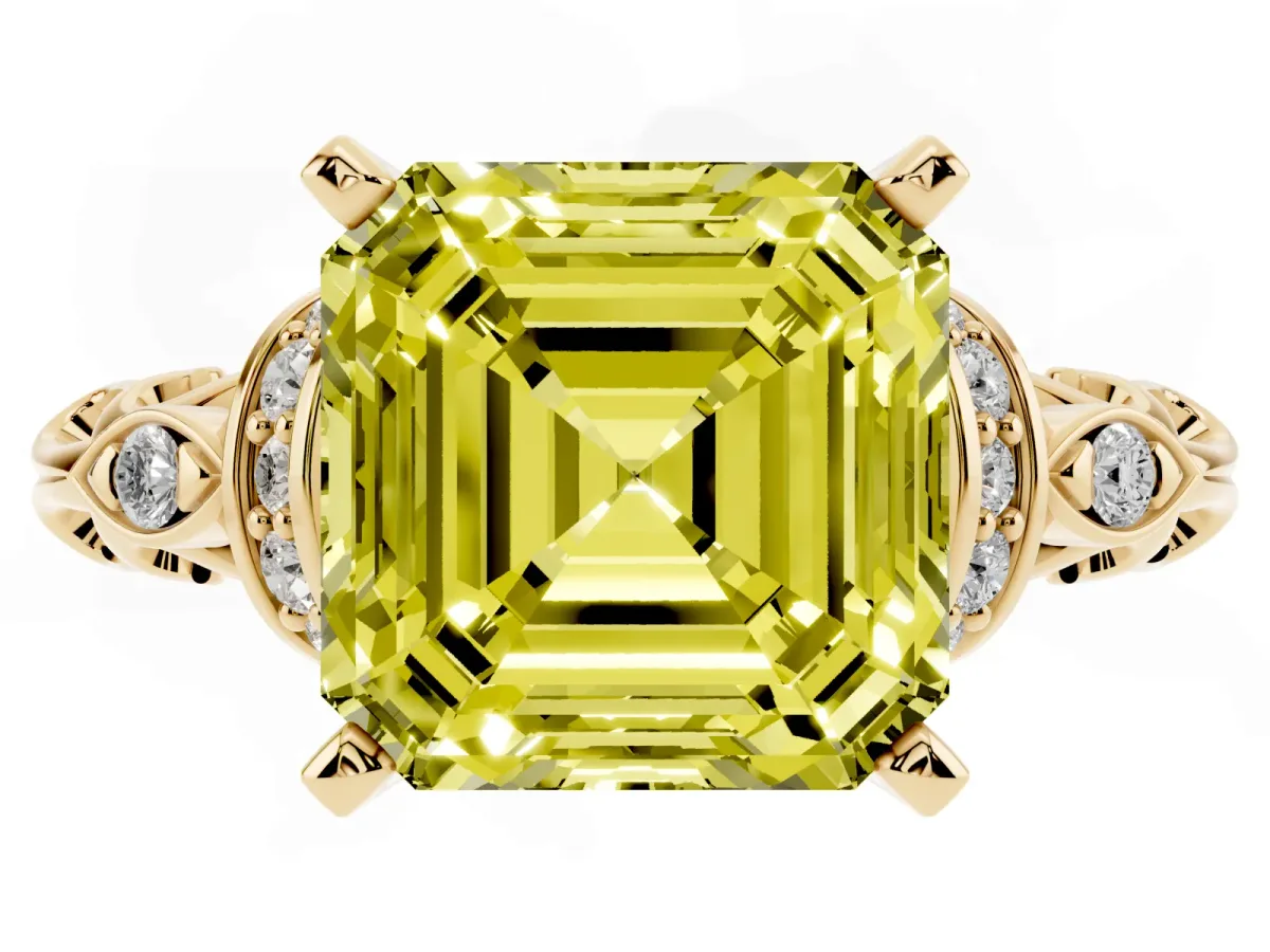 Fancy Yellow Asscher Cut Diamond Solitaire Ring with Filigree Band and Four-Prong Setting Yellow gold