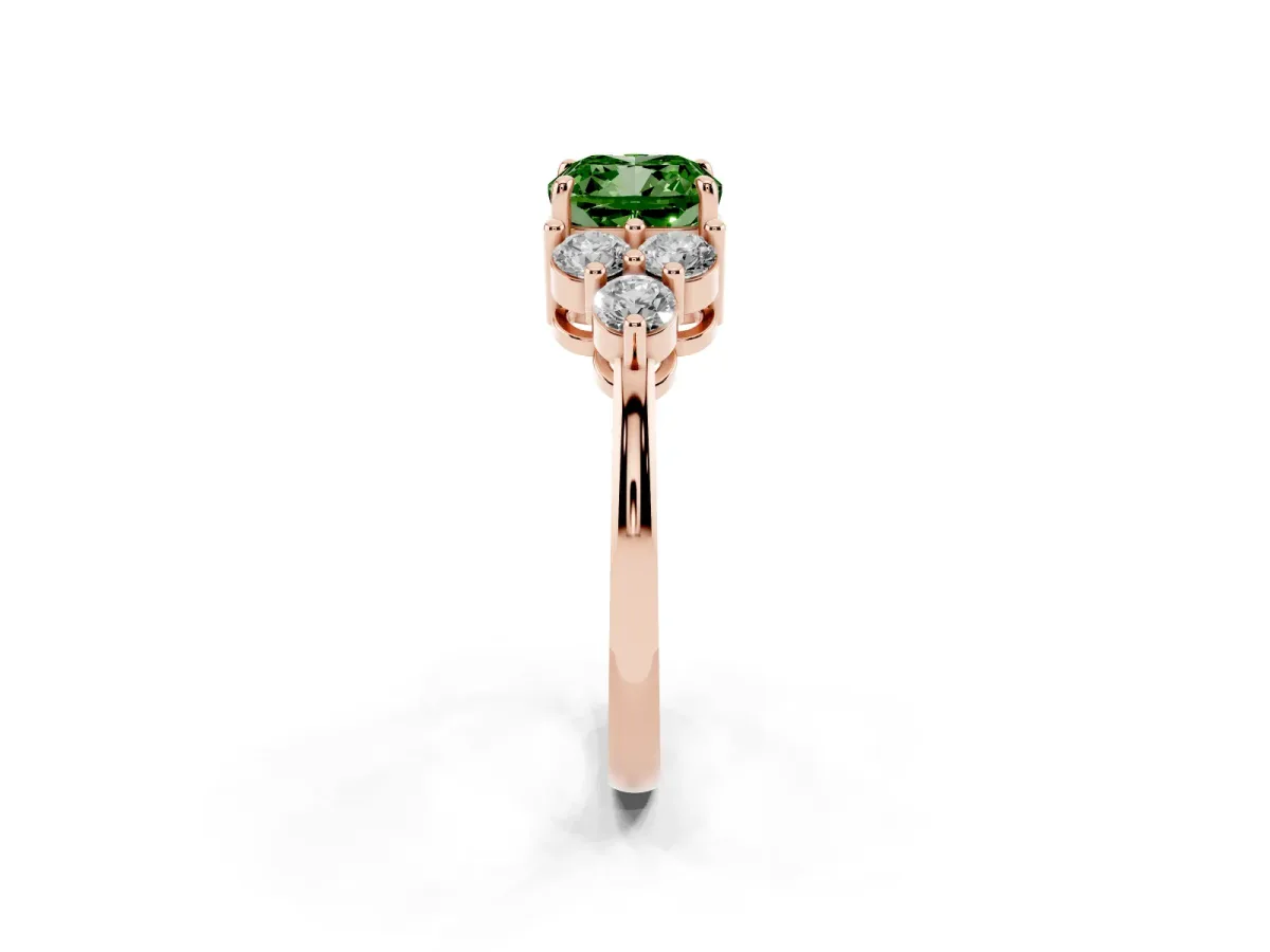 Fancy Green Cushion Cut Brilliant Diamond Cluster Accent Solitaire Ring with Prong Setting Rose gold