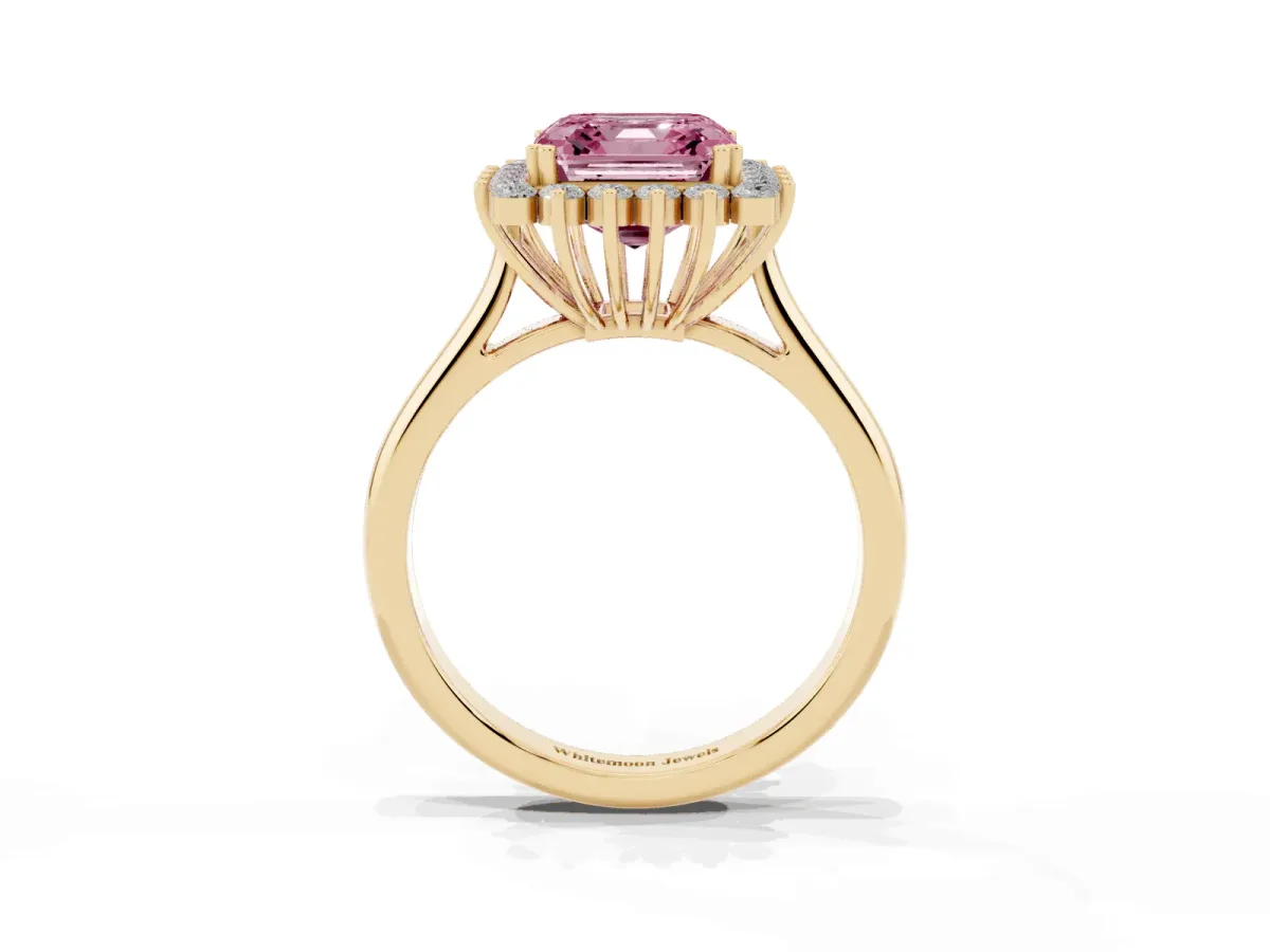 Fancy Pink Asscher Cut Cut Diamond Halo Ring with Solitaire Band and Prong Setting Yellow gold