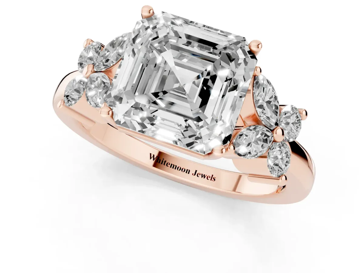 Asscher Cut Diamond Floral Cluster Ring with Solitaire Band and Prong Setting Rose gold