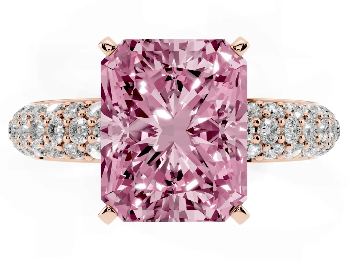 Fancy Pink Radiant Cut Diamond Solitaire Ring with Prong Setting and Pavé Band Rose gold