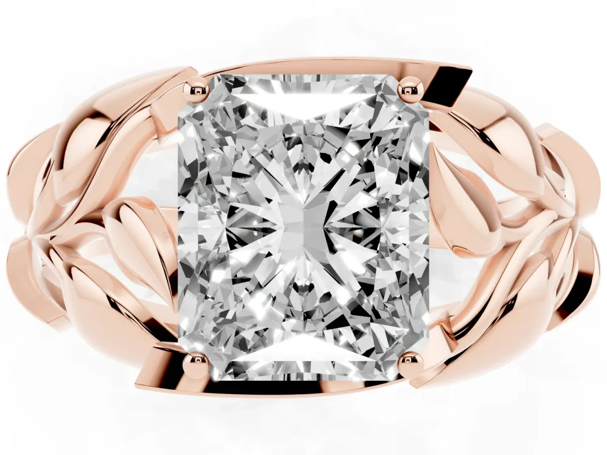 Radiant Cut Diamond Leaf-Inspired Engagement Ring with Round Accents and Prong Setting Rose gold