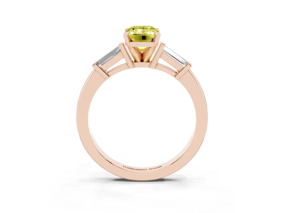 Fancy Yellow Emerald Cut Cut Diamond Solitaire Ring with Tapered Baguette Accents and Four-Prong Setting Rose gold